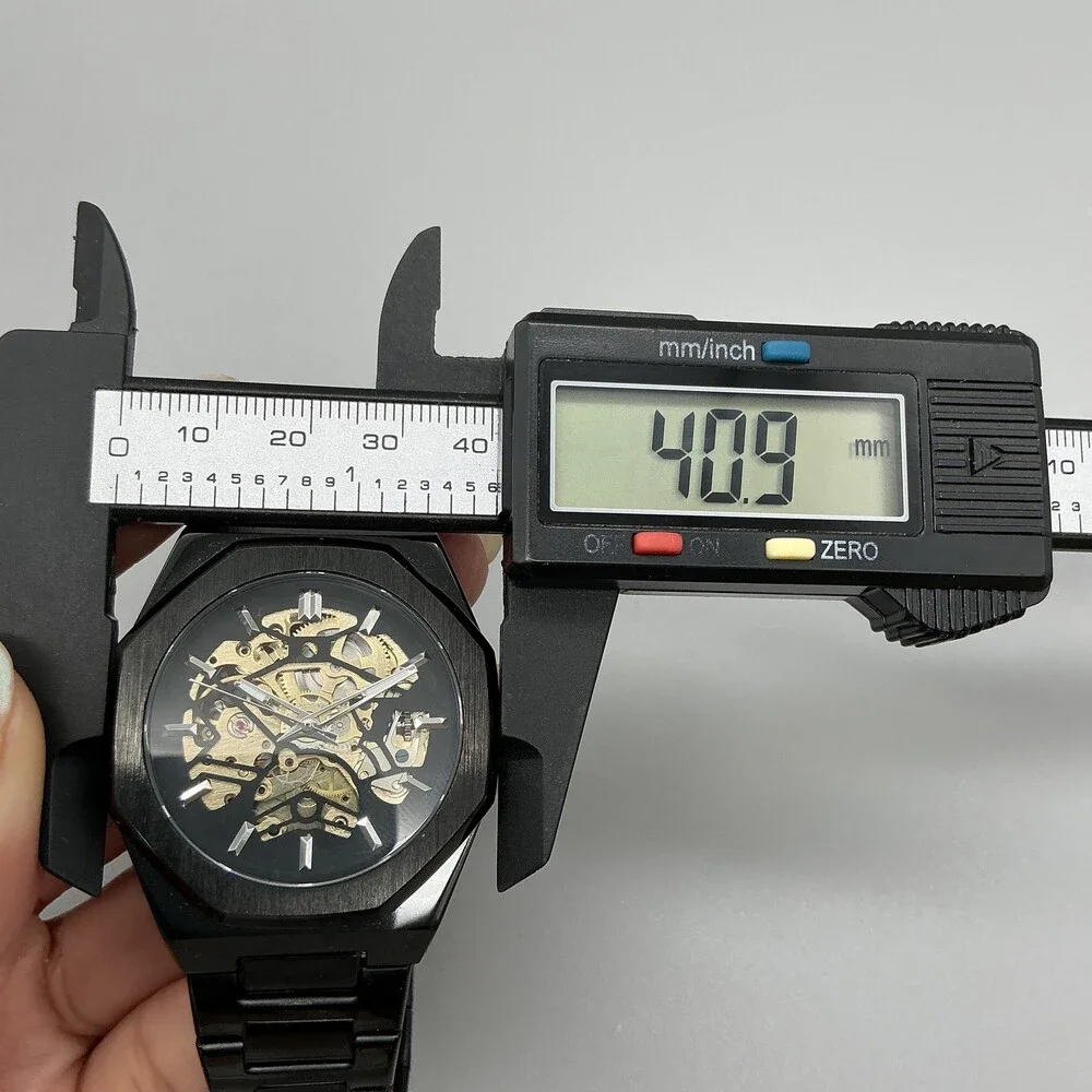 Mens Watch 41mm Black Skeleton Dial Stainless Bracelet Automatic TM-34ZG 8.25
